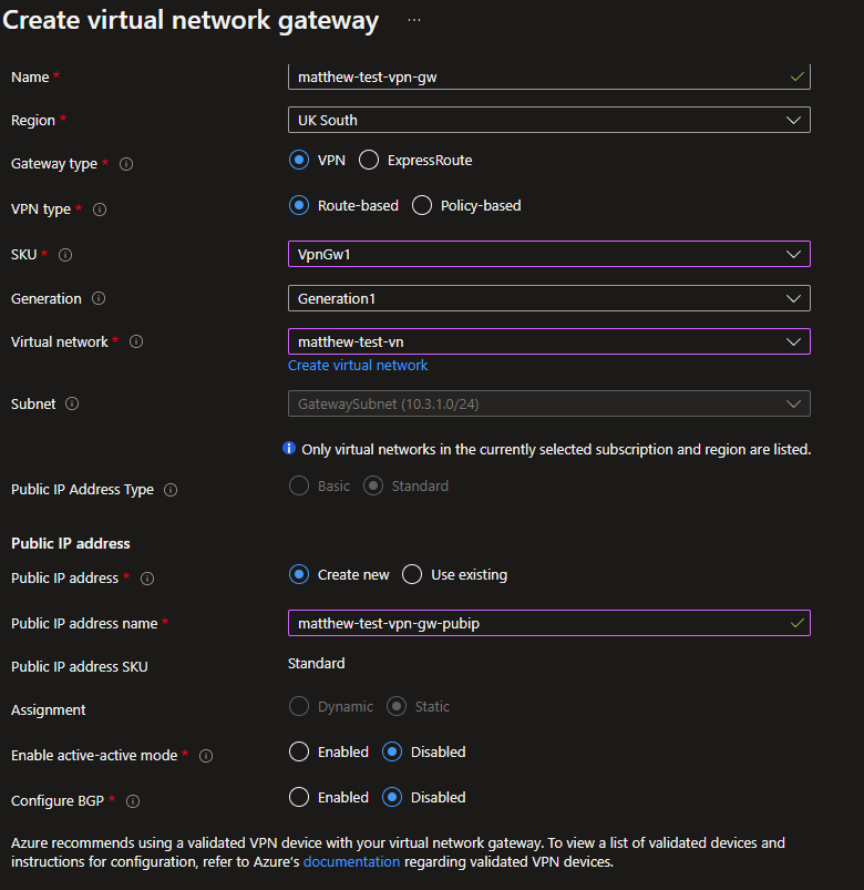 Create virtual network gateway